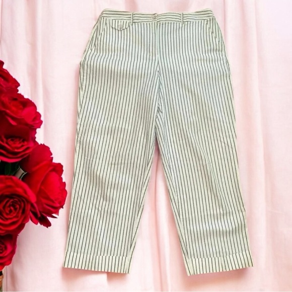Talbots Stretch Cuffed Pants Size 12 Cream & Brown Striped - Picture 1 of 10